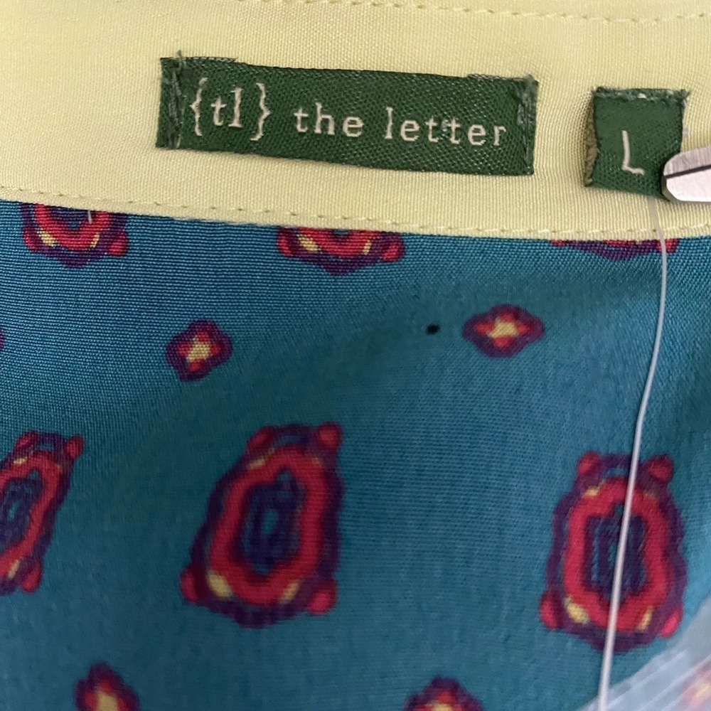 {tl} The letter 100% Silk Shirt Dress‎  Teal Green Yellow Geometric Print Size L - Picture 6 of 7
